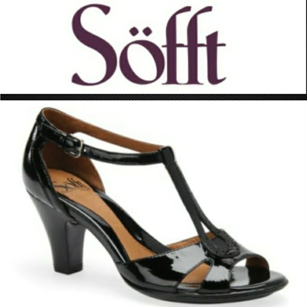 Sofft Black Patent Leather T-Strap Heels